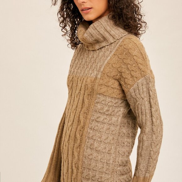 HEM & THREAD Chunky Cable Knit Turtleneck Sweater, Two-Tone Neutral Brown Beige - Picture 2 of 8